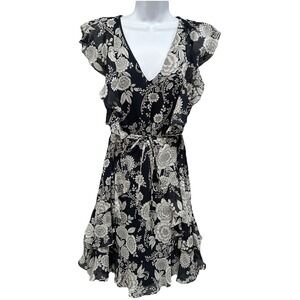 Tommy Hilfiger Midi Dress Women 14 Navy Blue Floral Chiffon Zip Cottagecore Line